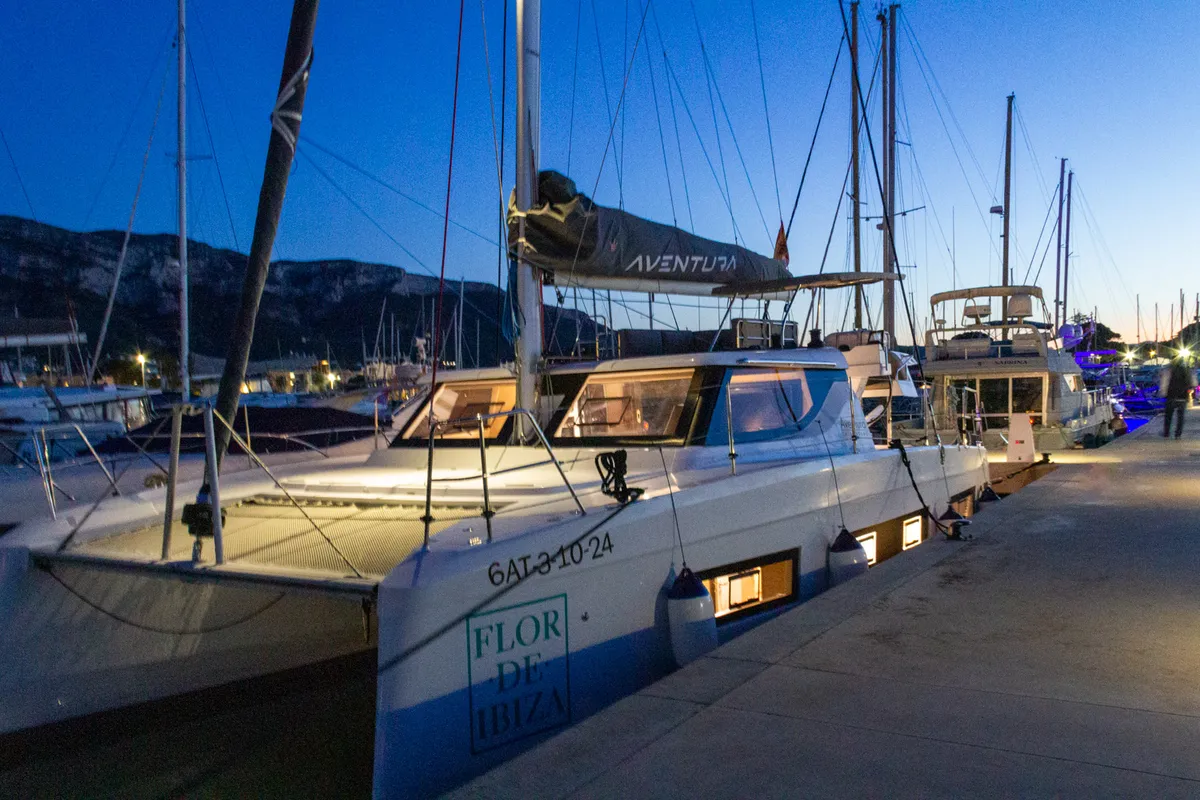 Exterior view of Flor de Ibiza, a Aventura Catamarans Aventura 37 catamaran at Dénia, Spain