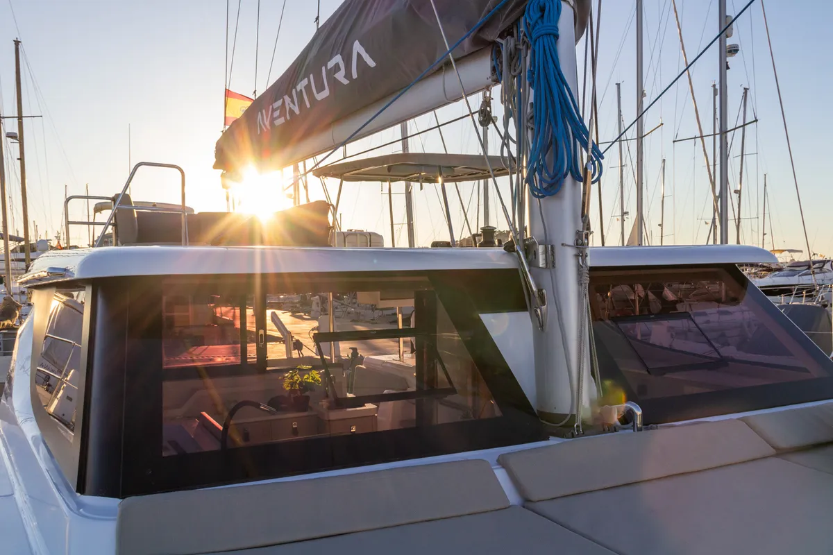 Exterior view of Flor de Ibiza, a Aventura Catamarans Aventura 37 catamaran at Dénia, Spain