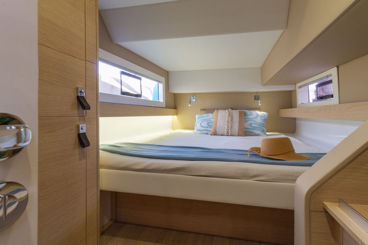 Cabin on Flor de Ibiza, a Aventura Catamarans Aventura 37 catamaran at Dénia, Spain