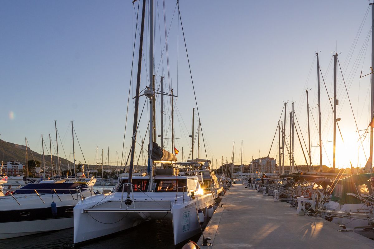Exterior view of Flor de Ibiza, a Aventura Catamarans Aventura 37 catamaran at Dénia, Spain