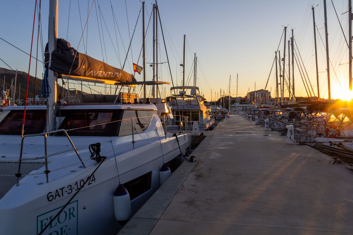 Exterior view of Flor de Ibiza, a Aventura Catamarans Aventura 37 catamaran at Dénia, Spain