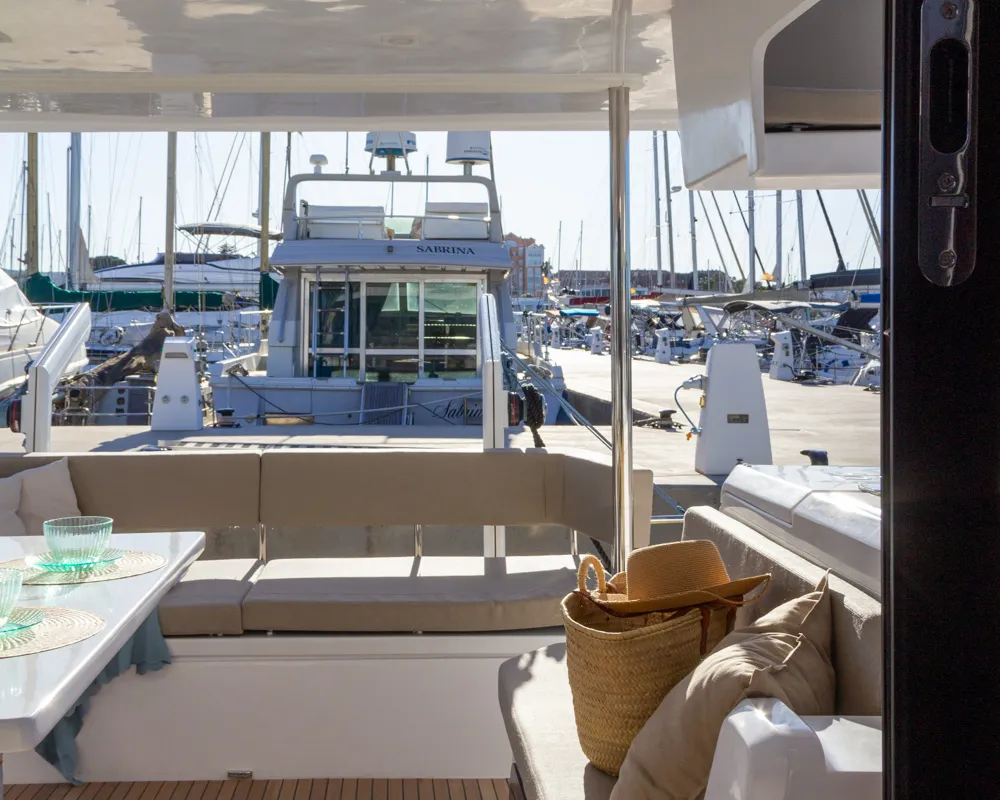 Deck of Flor de Ibiza, a Aventura Catamarans Aventura 37 catamaran at Dénia, Spain