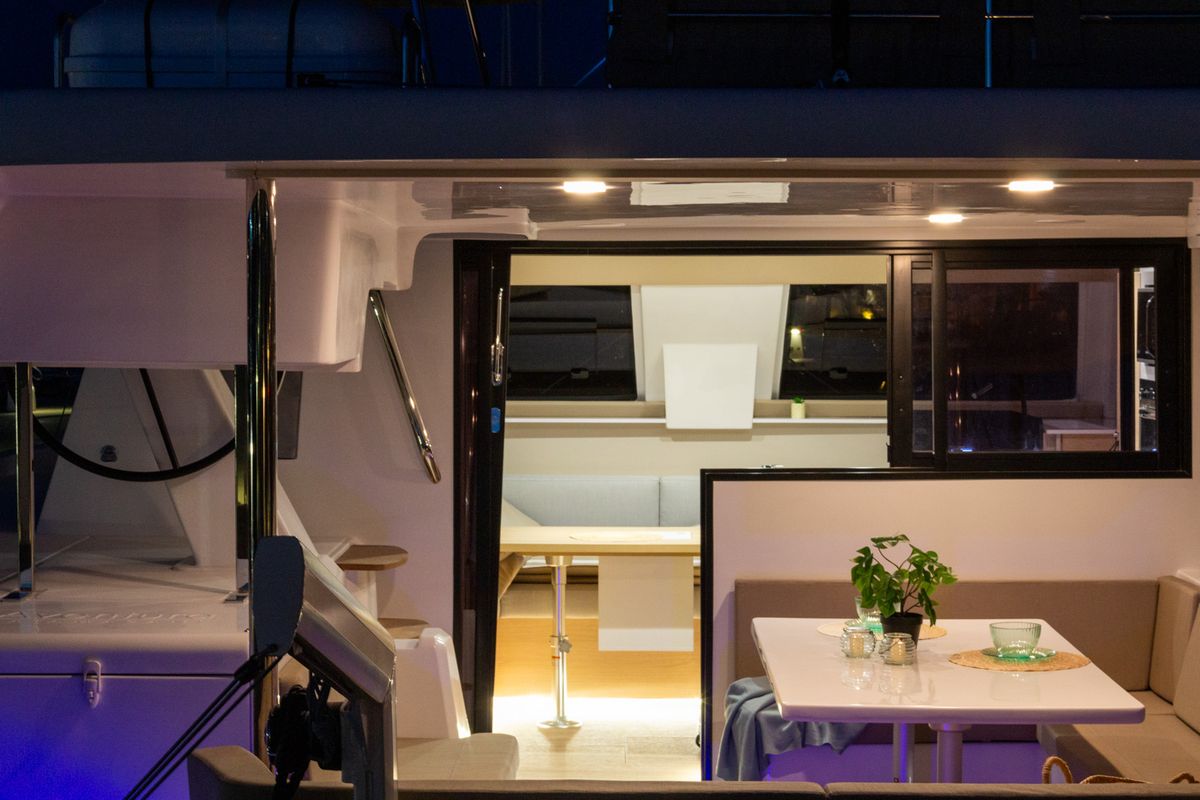 Deck of Flor de Ibiza, a Aventura Catamarans Aventura 37 catamaran at Dénia, Spain