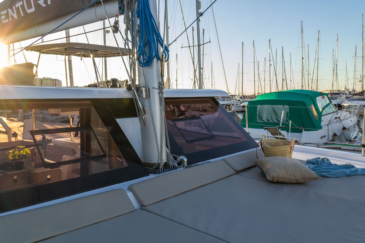 Deck of Flor de Ibiza, a Aventura Catamarans Aventura 37 catamaran at Dénia, Spain