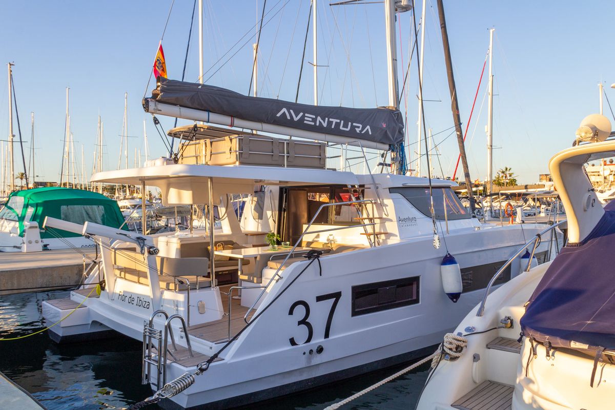 Exterior view of Flor de Ibiza, a Aventura Catamarans Aventura 37 catamaran at Dénia, Spain