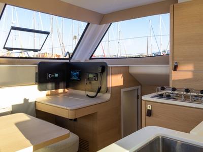 Cockpit of Flor de Ibiza, a Aventura Catamarans Aventura 37 catamaran at Dénia, Spain