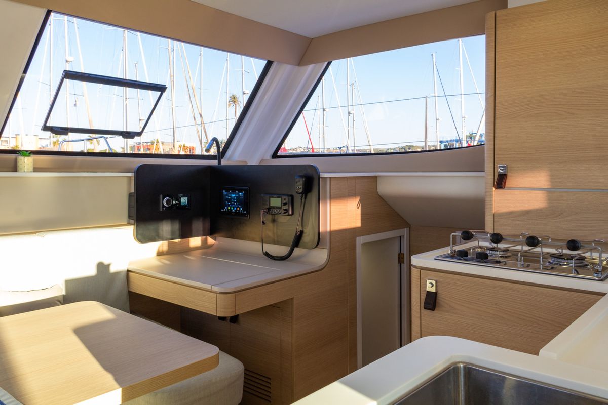 Cockpit of Flor de Ibiza, a Aventura Catamarans Aventura 37 catamaran at Dénia, Spain