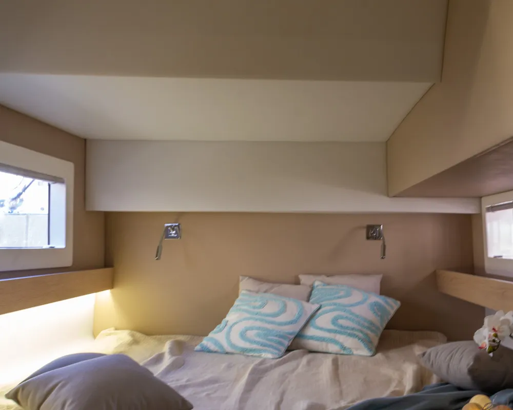 Cabin on Flor de Ibiza, a Aventura Catamarans Aventura 37 catamaran at Dénia, Spain