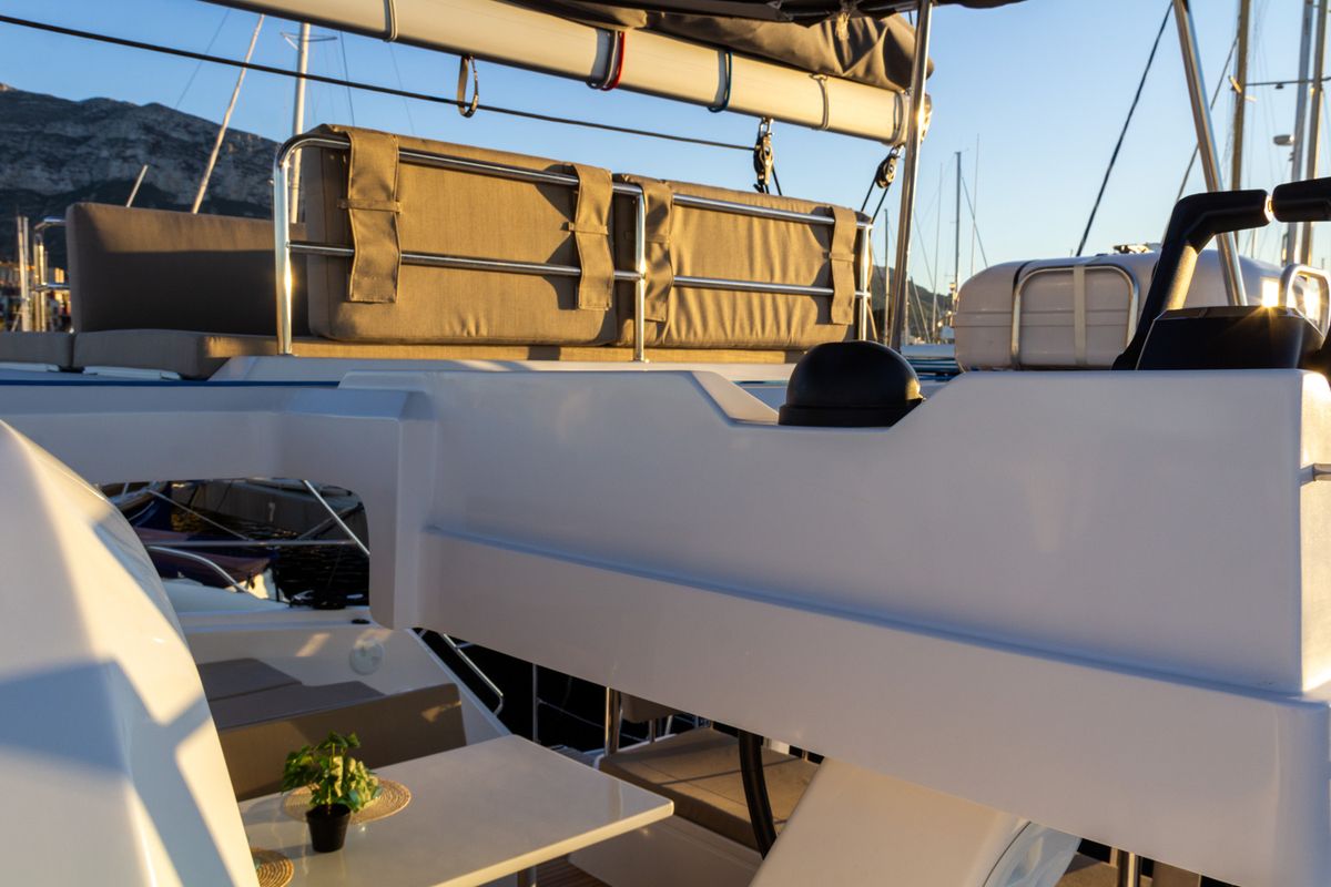 Deck of Flor de Ibiza, a Aventura Catamarans Aventura 37 catamaran at Dénia, Spain