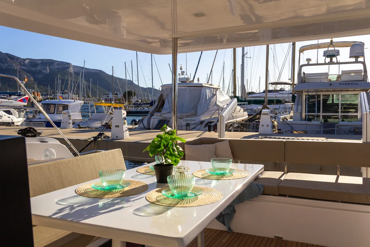 Deck of Flor de Ibiza, a Aventura Catamarans Aventura 37 catamaran at Dénia, Spain