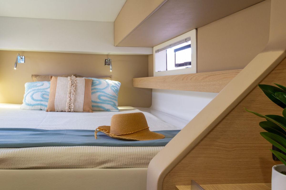 Cabin on Flor de Ibiza, a Aventura Catamarans Aventura 37 catamaran at Dénia, Spain