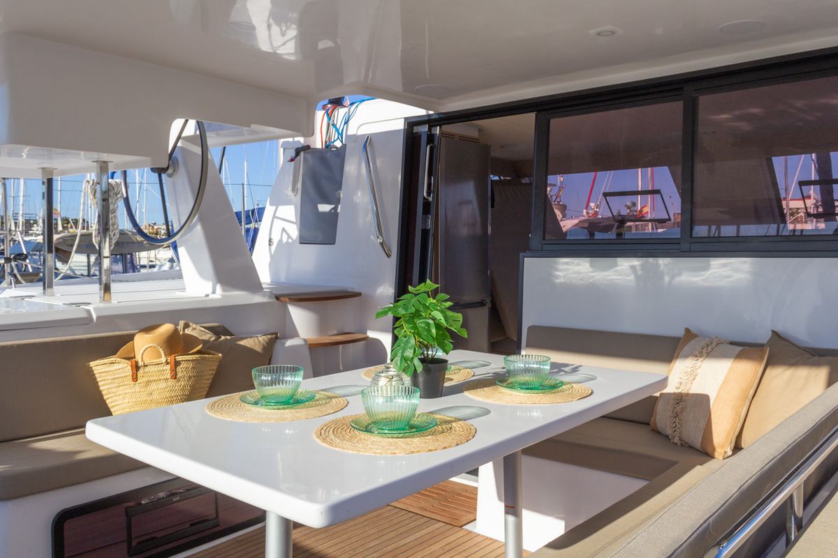 Deck of Flor de Ibiza, a Aventura Catamarans Aventura 37 catamaran at Dénia, Spain
