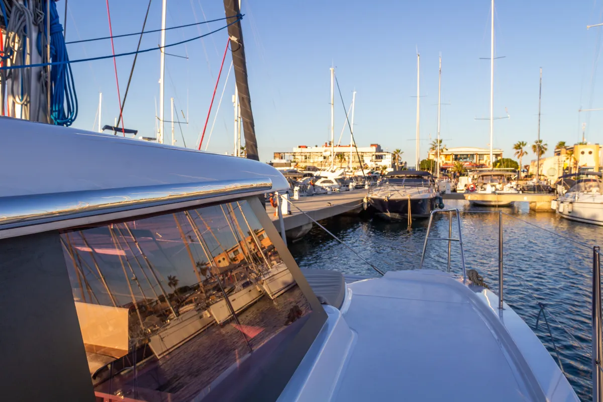 Deck of Flor de Ibiza, a Aventura Catamarans Aventura 37 catamaran at Dénia, Spain