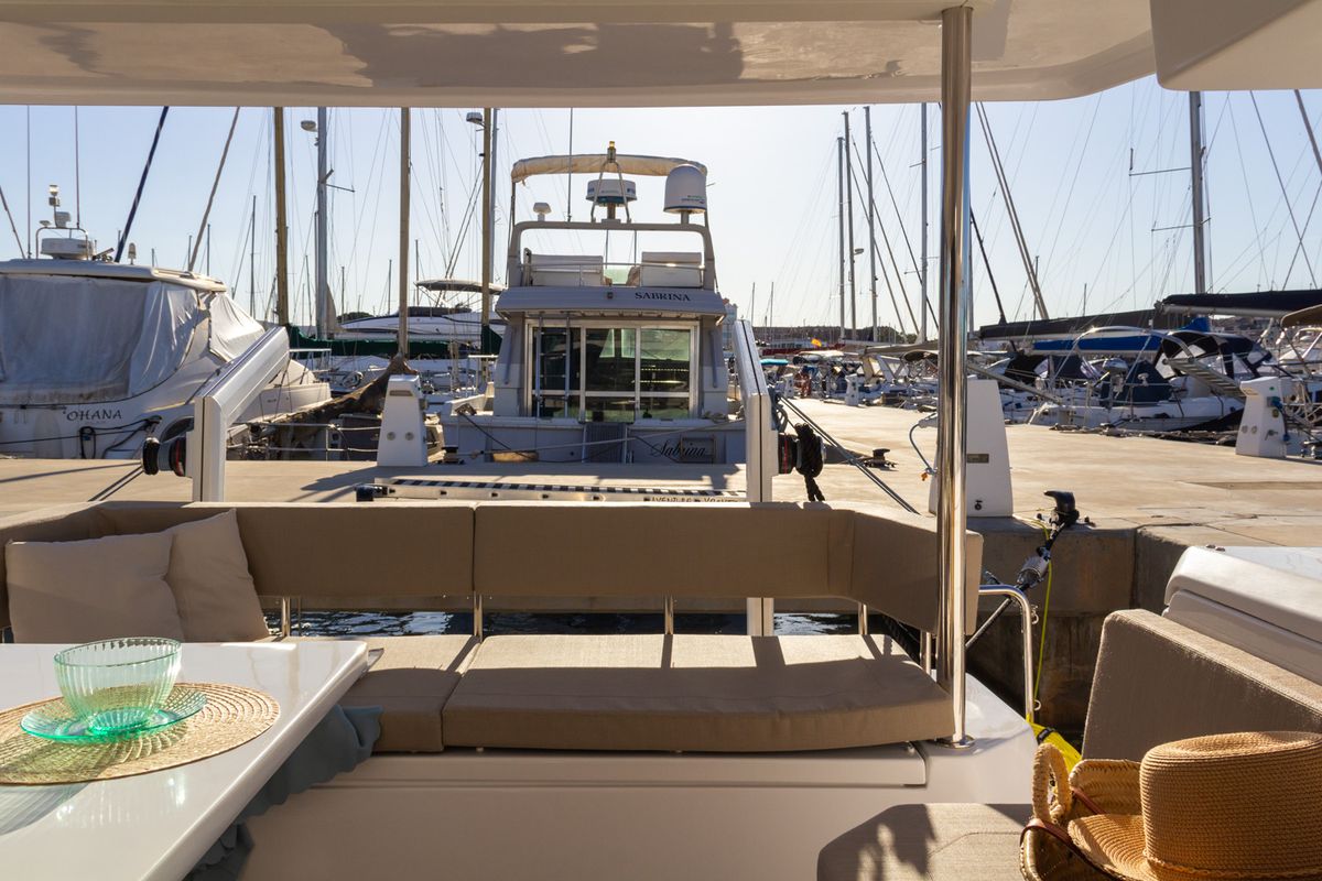 Deck of Flor de Ibiza, a Aventura Catamarans Aventura 37 catamaran at Dénia, Spain