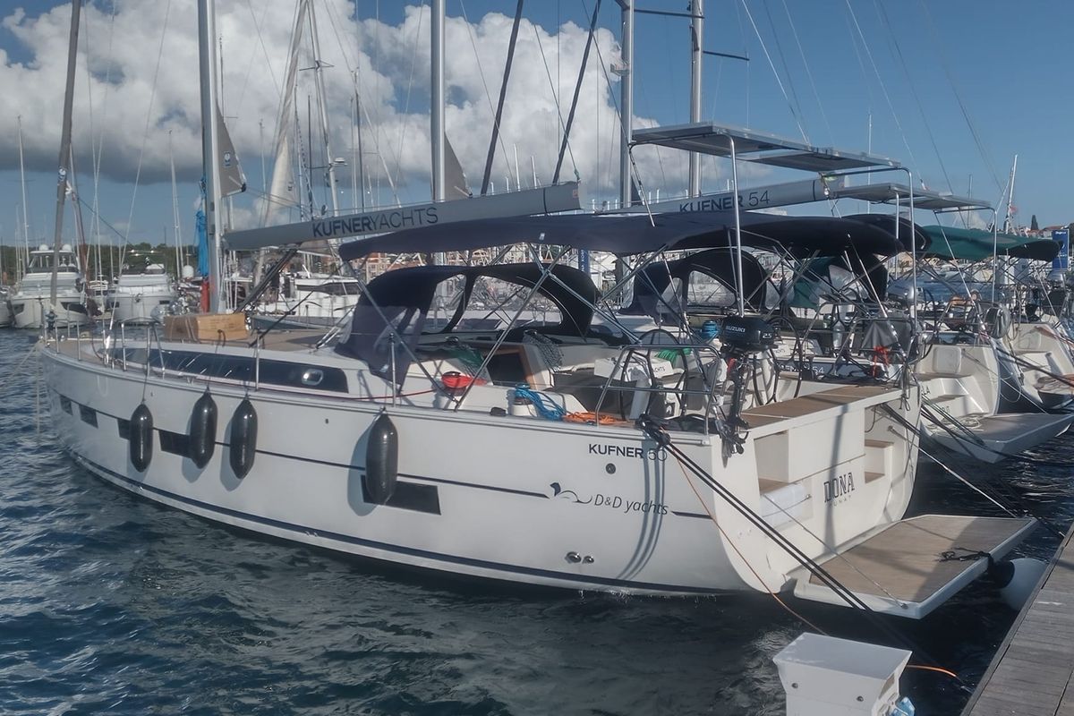 Exterior view of Dona, a D&D Kufner 50 sailboat at Punat, Croatia