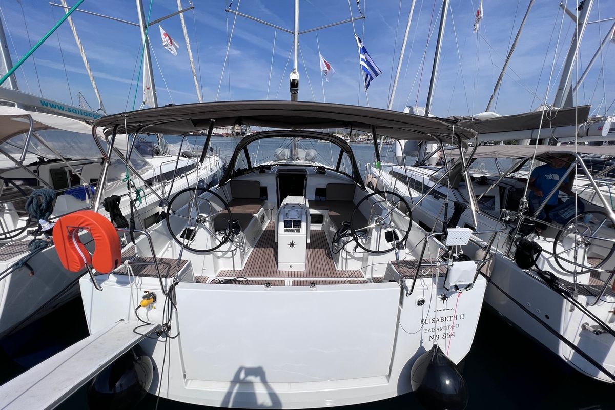 Exterior view of Elisabeth II, a Jeanneau Sun Odyssey 440 sailboat at Volos Municipality, Greece
