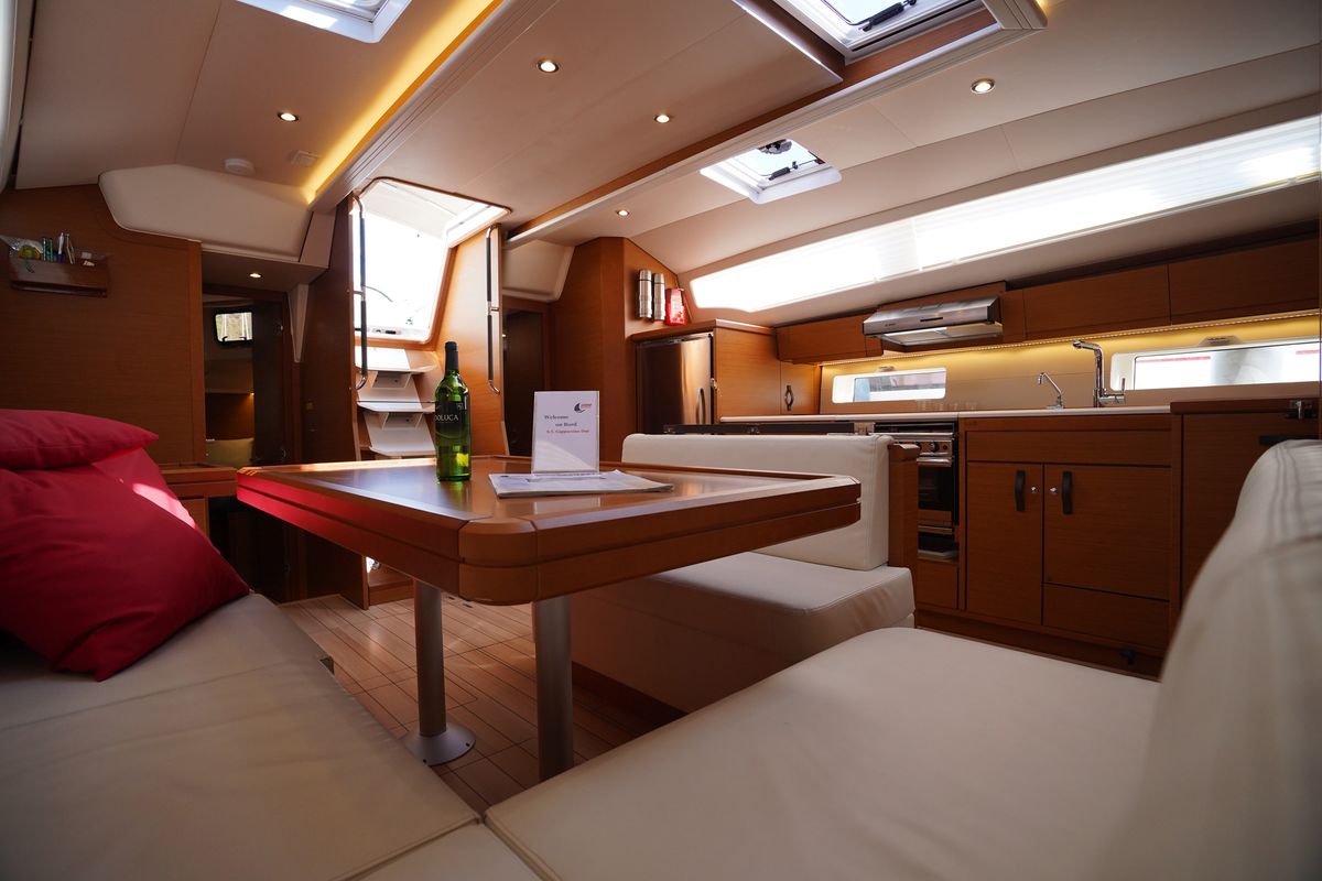 Salon of Cappuccino Due, a Jeanneau 54 sailboat at Marmaris, Turkey