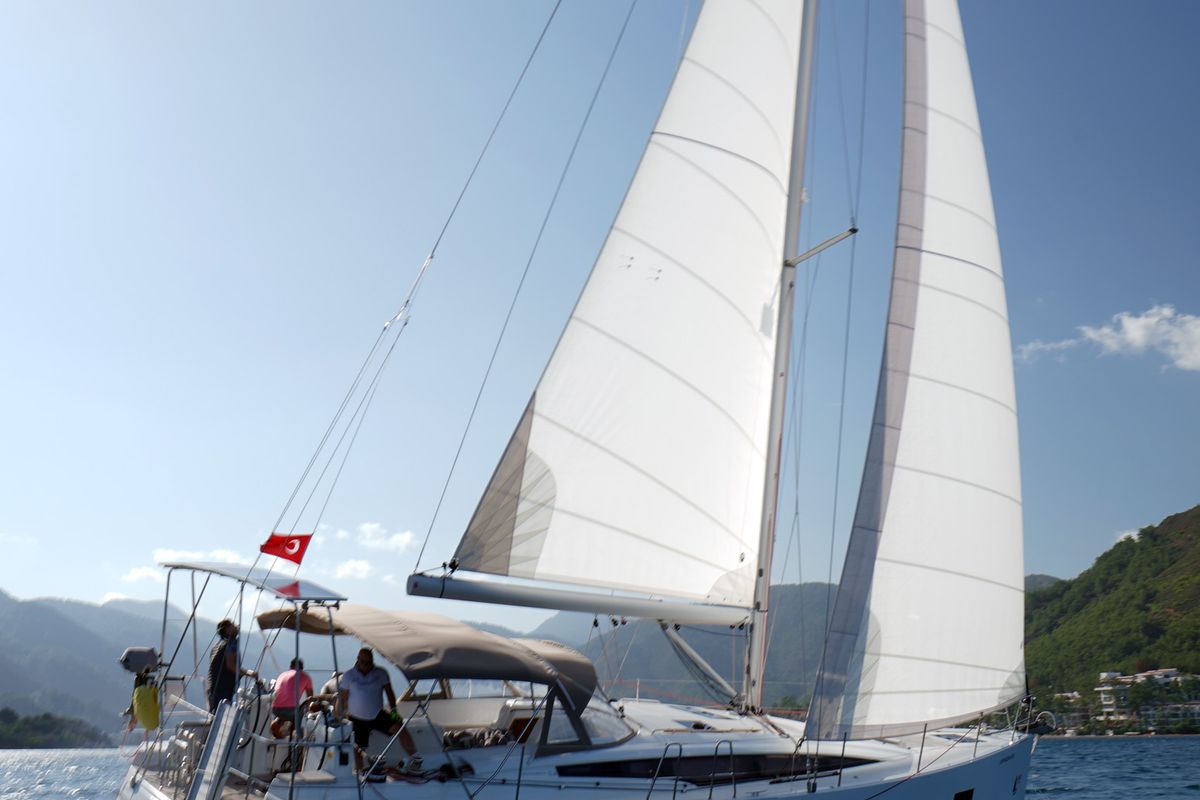 Exterior view of Cappuccino Due, a Jeanneau 54 sailboat at Marmaris, Turkey