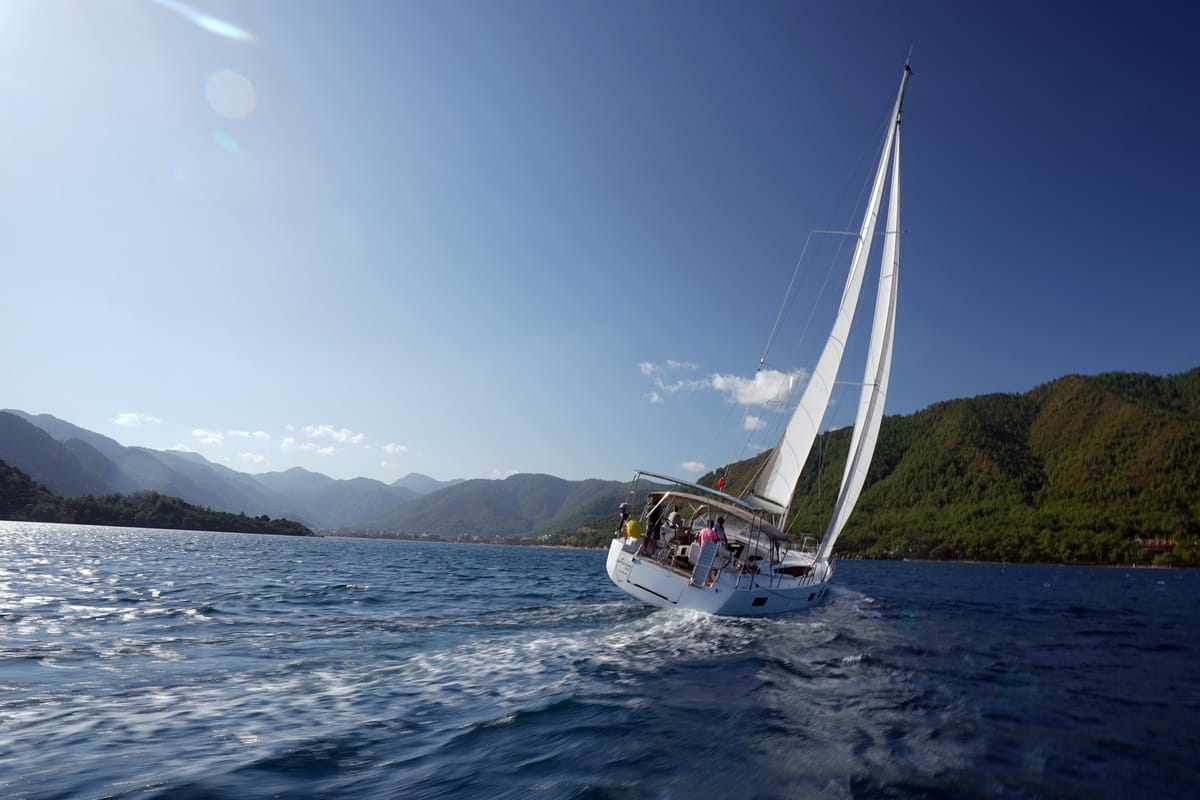 Exterior view of Cappuccino Due, a Jeanneau 54 sailboat at Marmaris, Turkey