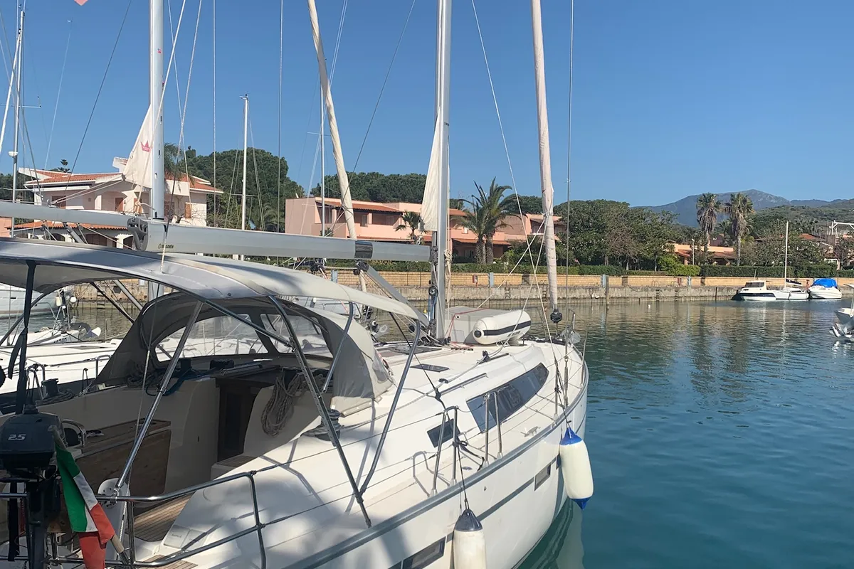 Exterior view of Giulia, a Bavaria 46 Cruiser sailboat at Milazzo, Italy