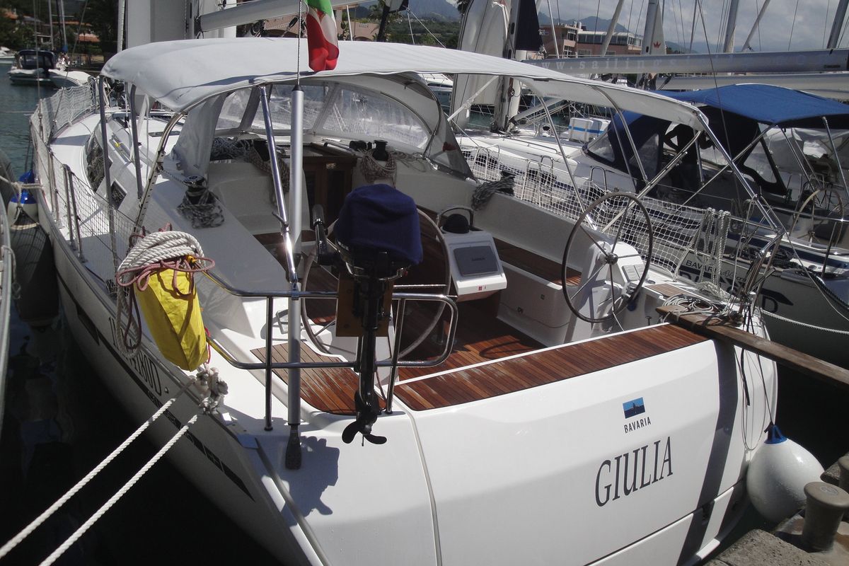 Cockpit of Giulia, a Bavaria 46 Cruiser sailboat at Milazzo, Italy
