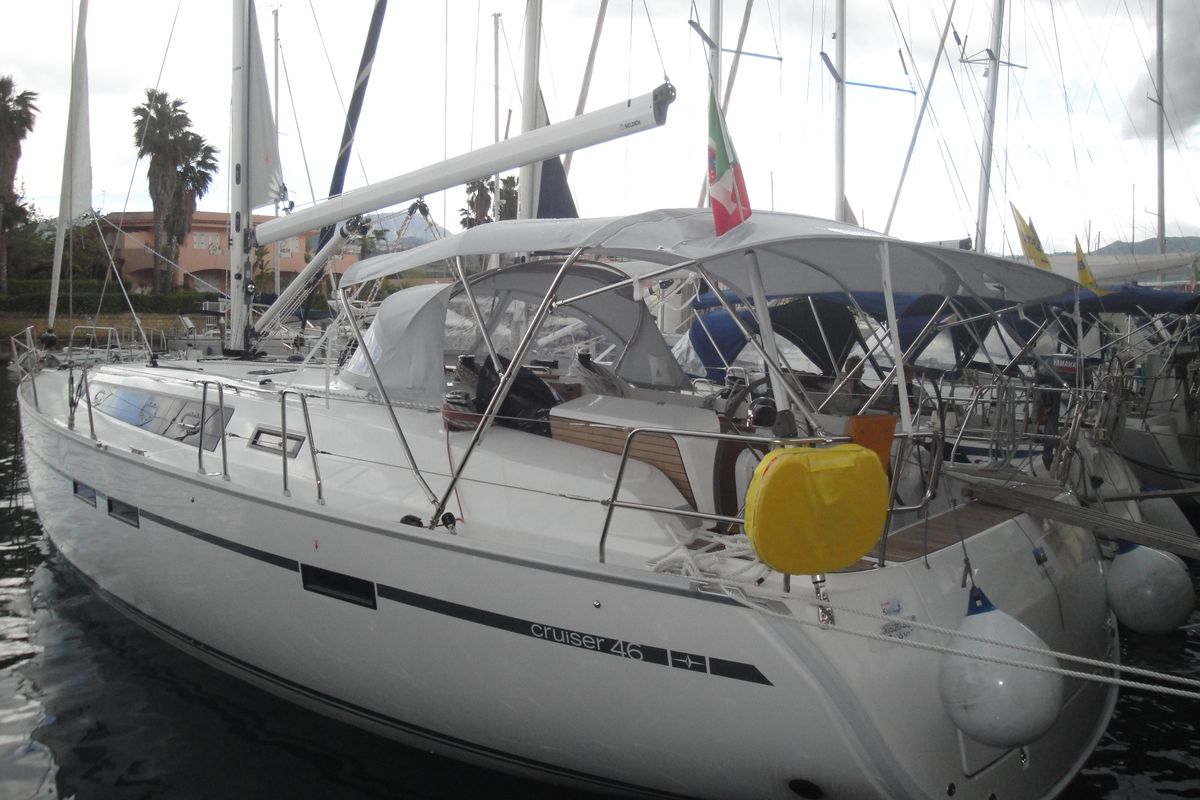 Exterior view of Giulia, a Bavaria 46 Cruiser sailboat at Milazzo, Italy
