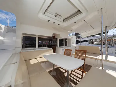 Deck of Dorka V, a Lagoon 450 catamaran at Grad Vodice, Croatia