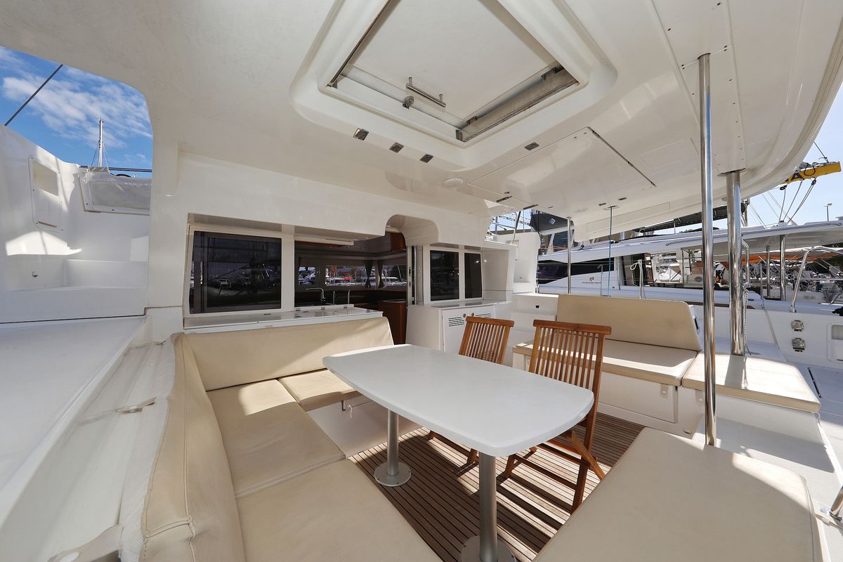Deck of Dorka V, a Lagoon 450 catamaran at Grad Vodice, Croatia