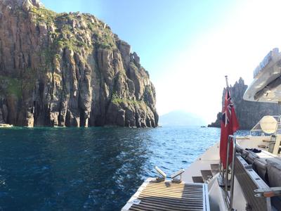 Deck of Lady Rachel, a Lagoon 620 catamaran at Capo d'Orlando, Italy