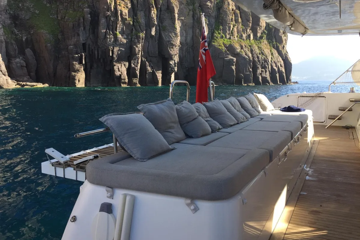 Deck of Lady Rachel, a Lagoon 620 catamaran at Capo d'Orlando, Italy