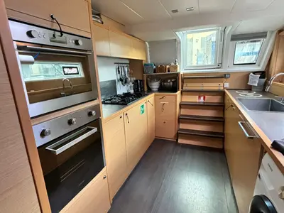 Galley of Lady Rachel, a Lagoon 620 catamaran at Capo d'Orlando, Italy