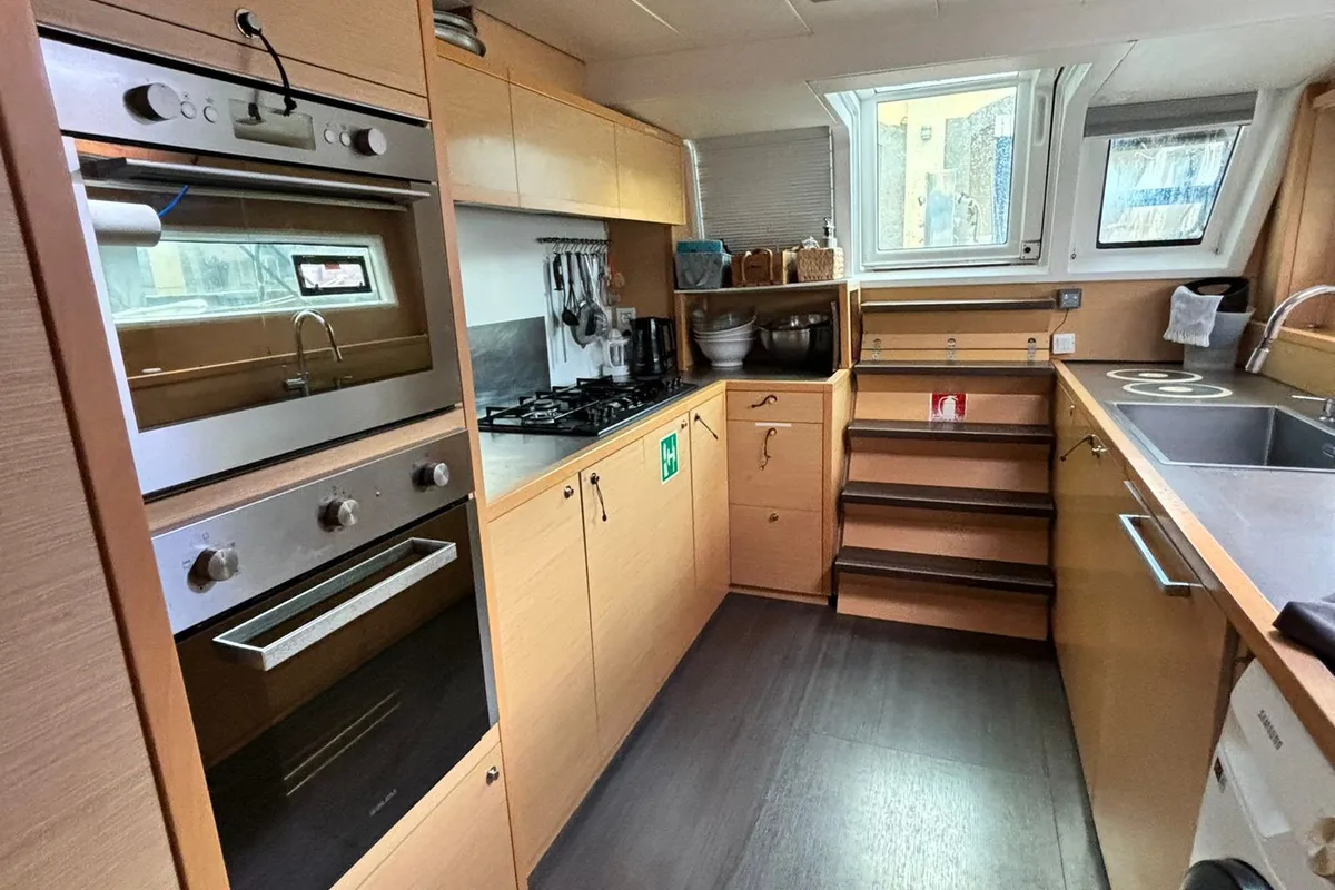 Galley of Lady Rachel, a Lagoon 620 catamaran at Capo d'Orlando, Italy