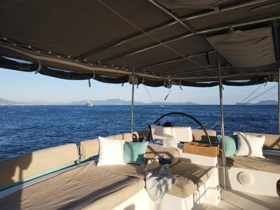 Cockpit of Lady Rachel, a Lagoon 620 catamaran at Capo d'Orlando, Italy