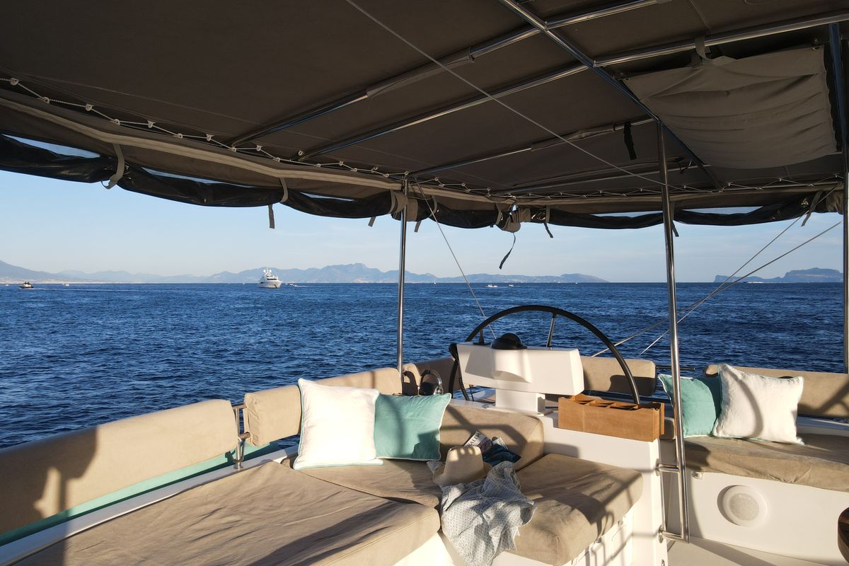 Cockpit of Lady Rachel, a Lagoon 620 catamaran at Capo d'Orlando, Italy