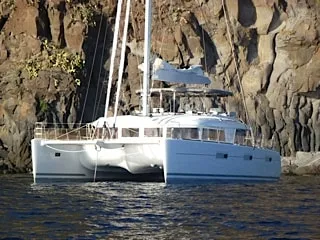 Exterior view of Lady Rachel, a Lagoon 620 catamaran at Capo d'Orlando, Italy