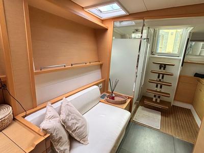 Salon of Lady Rachel, a Lagoon 620 catamaran at Capo d'Orlando, Italy