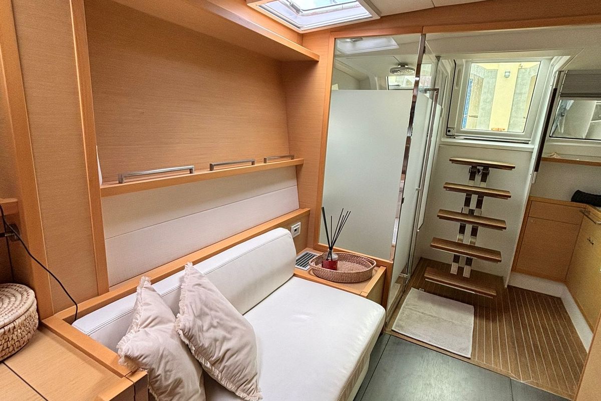 Salon of Lady Rachel, a Lagoon 620 catamaran at Capo d'Orlando, Italy