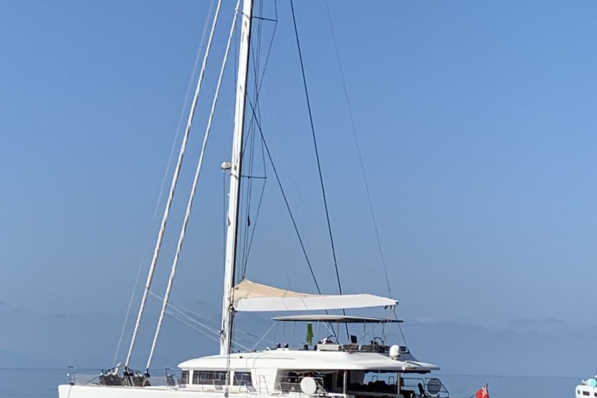 Exterior view of Lady Rachel, a Lagoon 620 catamaran at Capo d'Orlando, Italy