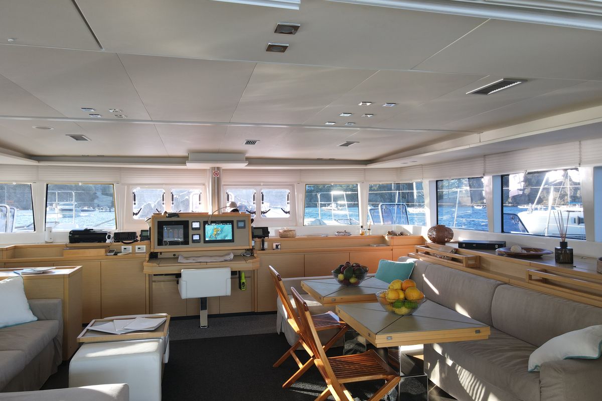 Salon of Lady Rachel, a Lagoon 620 catamaran at Capo d'Orlando, Italy