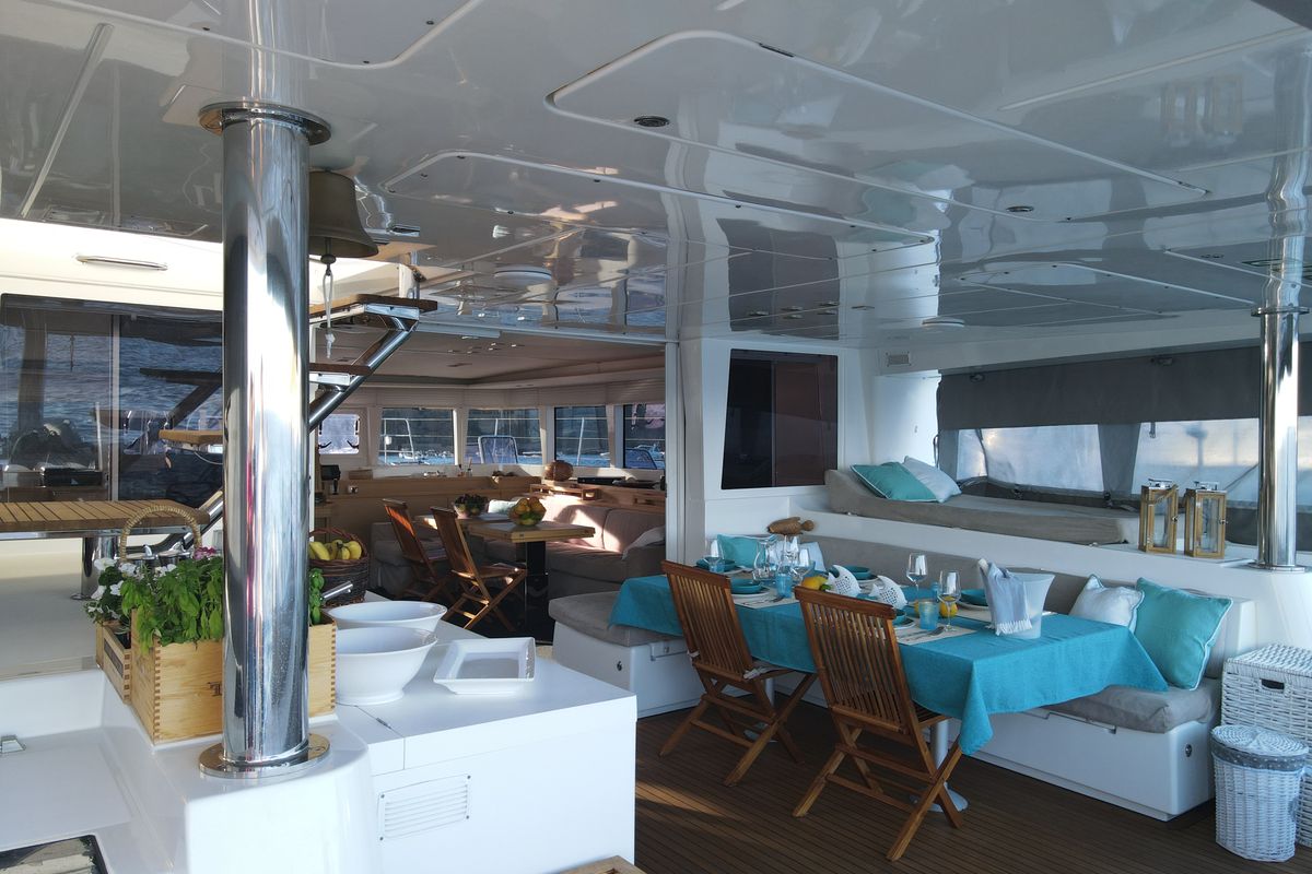Deck of Lady Rachel, a Lagoon 620 catamaran at Capo d'Orlando, Italy