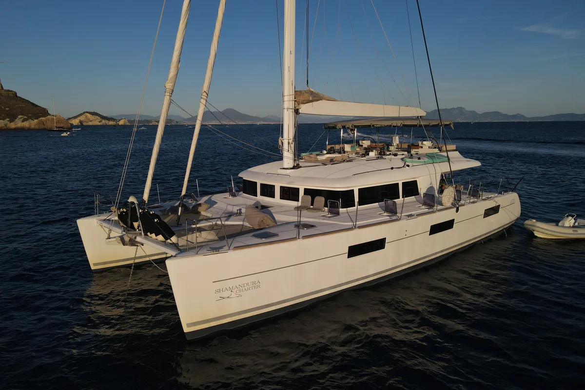 Exterior view of Lady Rachel, a Lagoon 620 catamaran at Capo d'Orlando, Italy