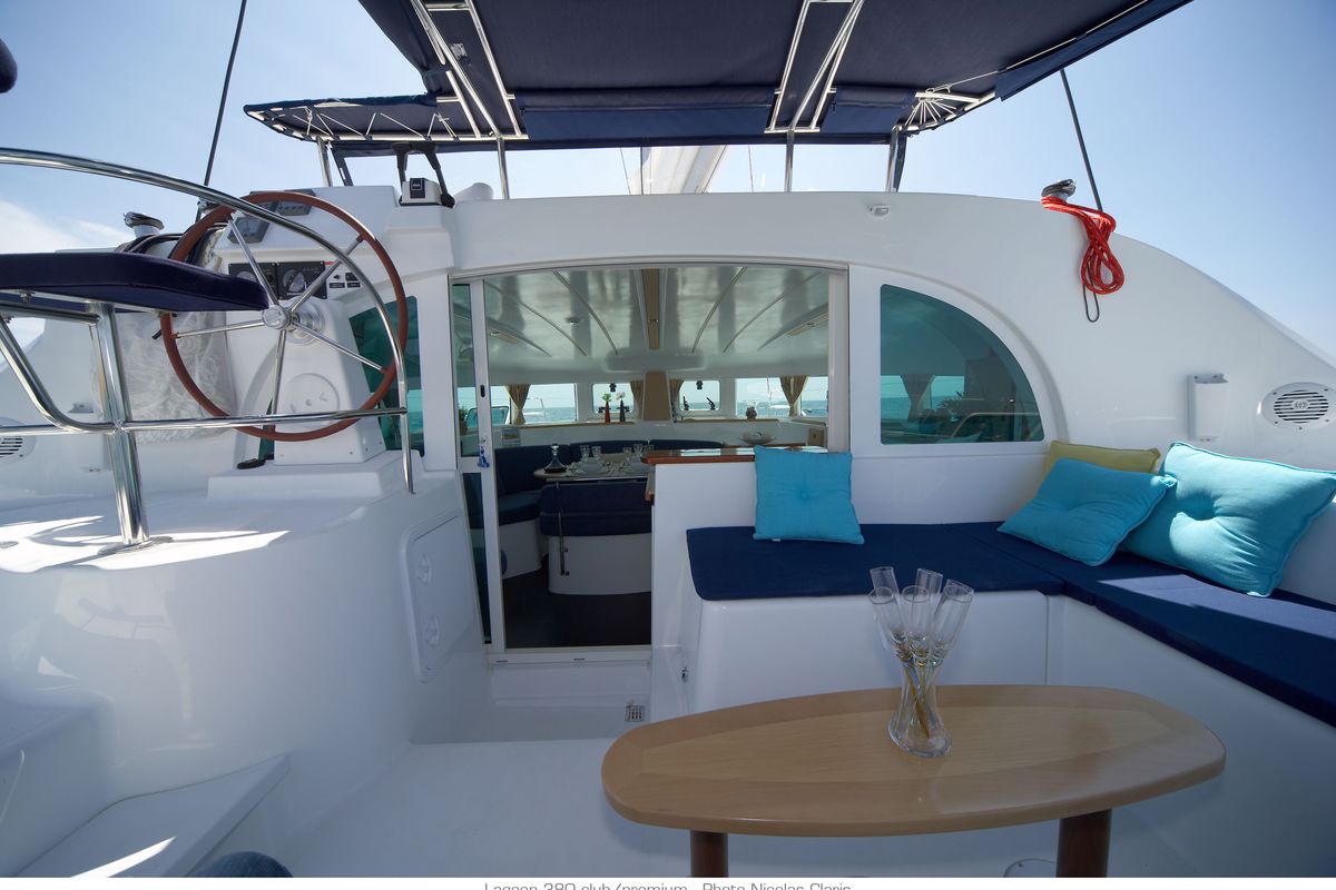 Cockpit of Naos, a Lagoon 380 catamaran at Olbia, Italy