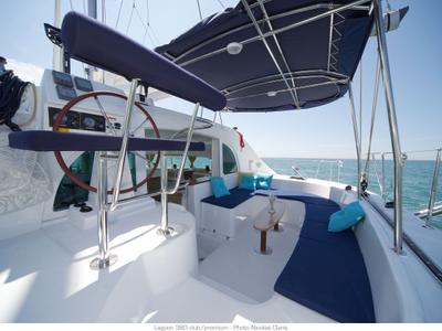 Cockpit of Naos, a Lagoon 380 catamaran at Olbia, Italy