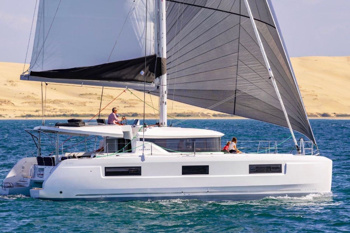 Exterior view of Vuk, a Lagoon 46 catamaran at Seget Donji, Croatia