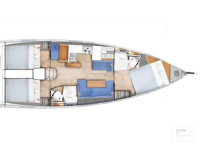 Exterior view of Liliane, a Jeanneau Sun Odyssey 410 sailboat at Municipal Unit of Ellomenos, Greece