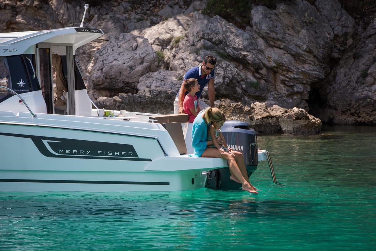 Deck of Merry Fisher 795, a Jeanneau Merry Fisher 795 motorboat at Grad Trogir, Croatia