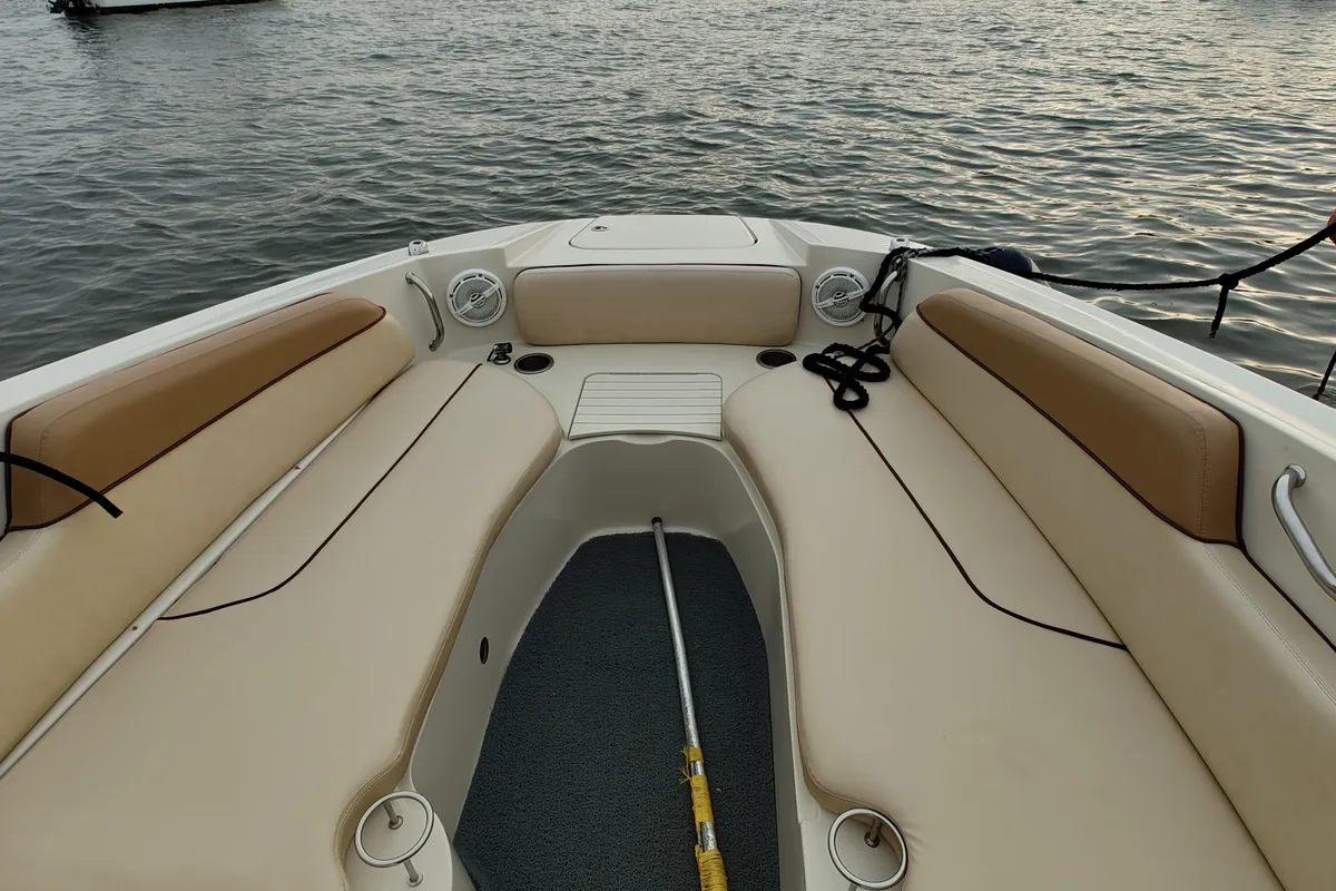 Deck of New Yorker, a Sea Ray Boats Sea Ray SDX 290 motorboat at Mumbai Harbour, India
