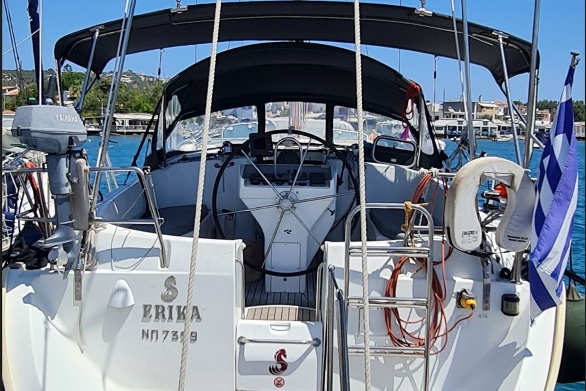 Cockpit of Erika, a Beneteau Oceanis 411 sailboat at Volos Municipality, Greece