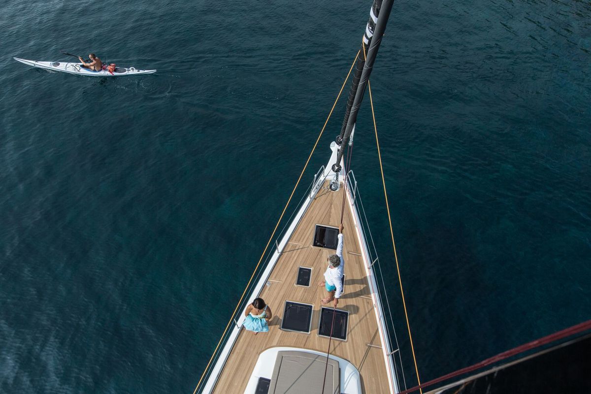 Deck of INVICTUS, a Dufour 56 Exclusive sailboat at Capo d'Orlando, Italy