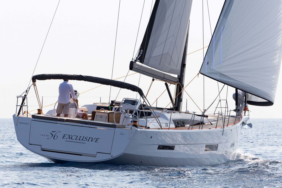 Exterior view of INVICTUS, a Dufour 56 Exclusive sailboat at Capo d'Orlando, Italy